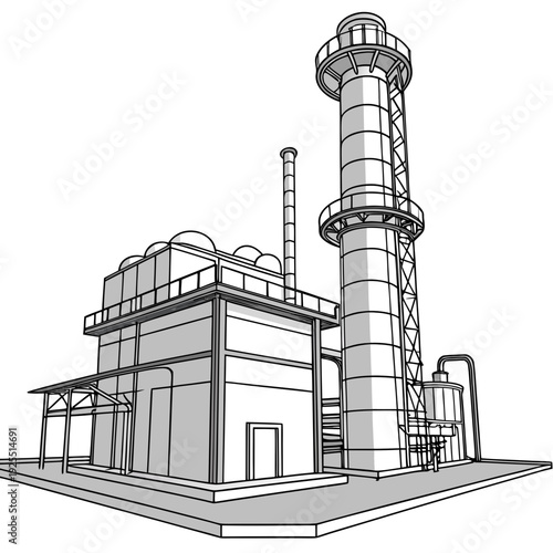 A large industrial building with a tall tower