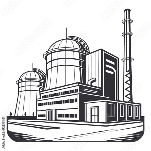 A black and white drawing of a nuclear power plant