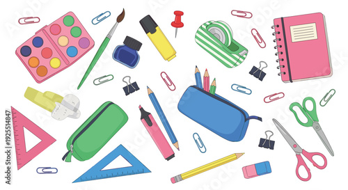 School supplies illustration set with notebook, scissors, ruler and pencil case, colorful education stationery collection isolated on white background