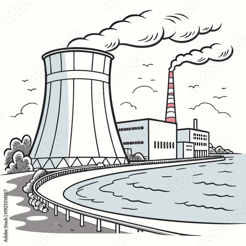 A nuclear power plant with a cooling tower and smokestack