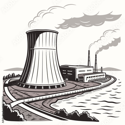 A nuclear power plant with a cooling tower