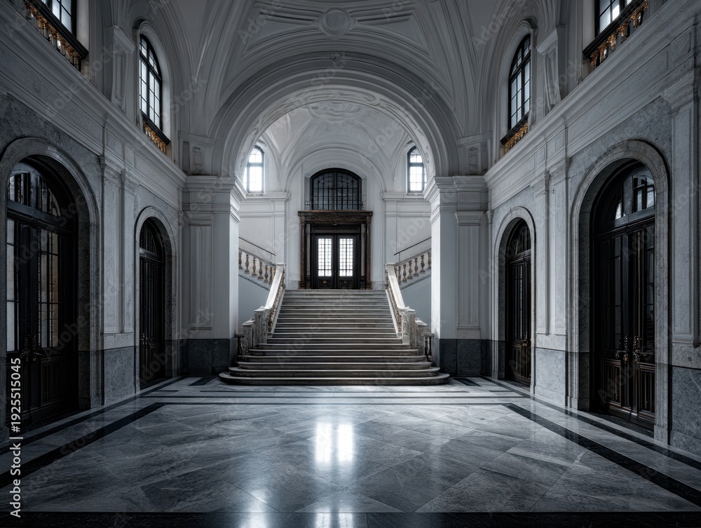 Fototapeta premium A large, empty room with a staircase leading up to the second floor