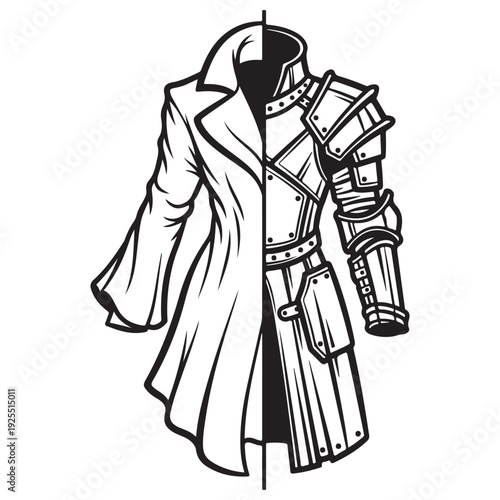 Conceptual split illustration of a modern trench coat and medieval knight armor representing the duality of protection and inner strength in a minimalist black and white line art style.