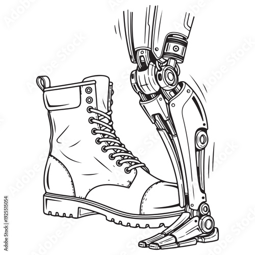 Detailed robotic prosthetic leg and heavy-duty combat boot standing side-by-side in a high-contrast black and white line art illustration representing futuristic technology and bionic enhancement.