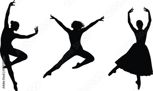 Graceful ballerina silhouettes performing ballet dance, elegant female dancer jumping, artistic woman posing in dress, professional gymnast athlete movement, aesthetic black vector icons,