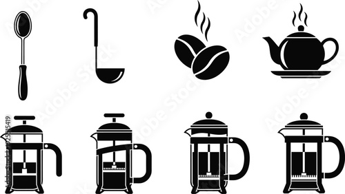 Black kitchen icon set with French press coffee makers, roasted beans, teapot, ladle, and spoon isolated on white background for cafe