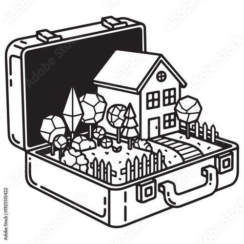 Black and white line art illustration of a miniature house with a garden and trees inside an open suitcase, symbolizing relocation, real estate investment, and portable living concepts.
