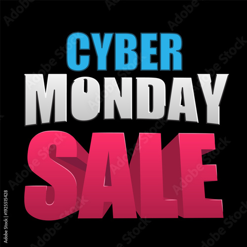 Cyber Monday Sale text banner. Cartoon vector illustration with bold 3D lettering, symbol of online shopping, discounts and e-commerce.