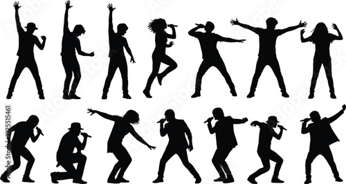 Singer, microphone, music, performance, silhouette, vocalist, concert, artist, entertainment, stage, karaoke, vector, pop, rock, energetic, Music artist, live performance, singing silhouette, 