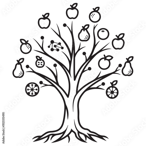 Minimalist Black and White Line Art Illustration of a Stylized Fruit Tree with Apples Pears and Molecular Structures Representing Biotechnology Genetic Engineering and Food Science Concepts