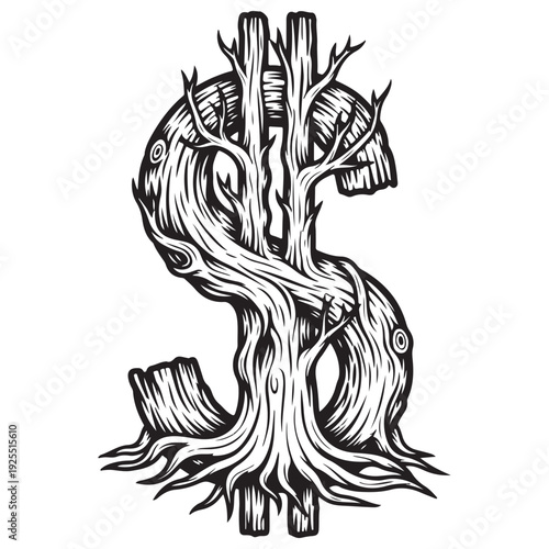 Dollar sign symbol shaped like a growing tree with intricate roots and branches in a detailed black and white woodcut engraving style, representing financial growth and sustainable investment.