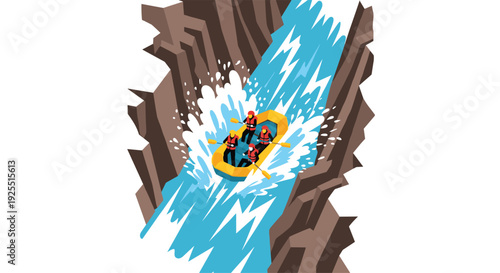 Four people wearing red safety gear paddle a yellow inflatable raft through splashing white water rapids between steep brown rocky canyon walls.