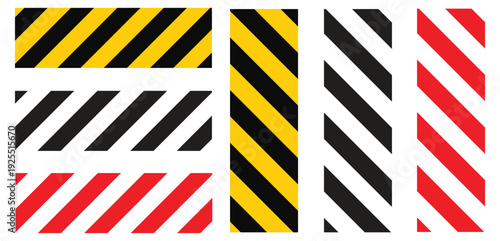 Road warning tape in yellow, black , red diagonal stripes line . Caution tape border , warn stop seamless line and stretched caution line .