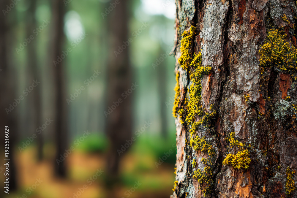 Fototapeta premium Detailed view of moss-covered bark on a tree trunk in a dense forest with blurred background of tall trees and soft natural light filtering through leaves