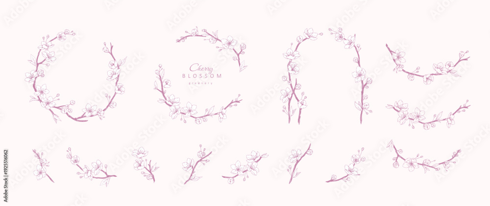 Obraz premium Cherry blossoms set. Spring frames or wreath with flowers and brunch. Detailed botanic floral collection for Valentines day invitation, wallpaper art or save the date card