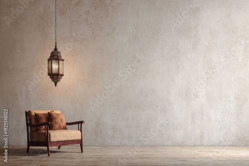 Ornate hanging lantern illuminates a stylish wooden armchair against a textured wall