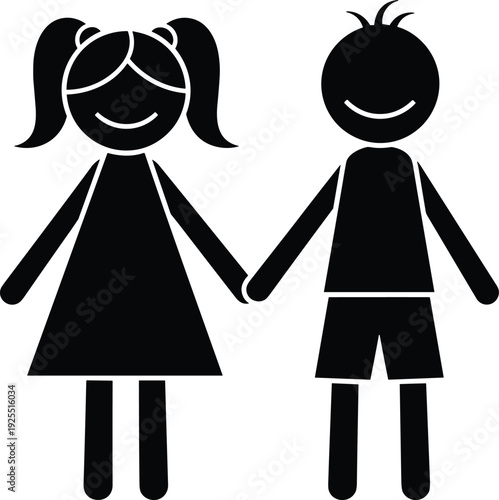 Children, friendship, kids, silhouette, love, together, brother, sister, childhood, boy, girl, unity, icon, simple, family, Holding hands, young children, best friends, siblings together,
