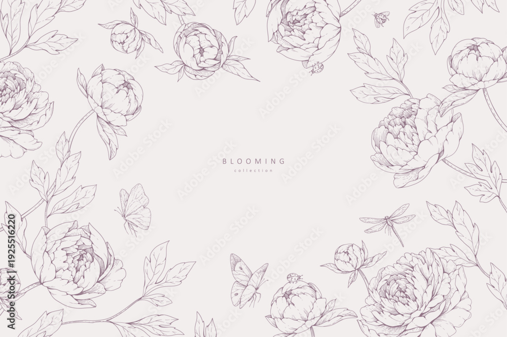 Naklejka premium Peonies blooming. Spring background with flowers and brunch. Detailed botanic floral collection for Valentines day invitation, wallpaper art or save the date card