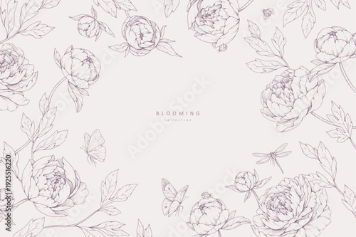 Peonies blooming. Spring background with flowers and brunch. Detailed botanic floral collection for Valentines day invitation, wallpaper art or save the date card