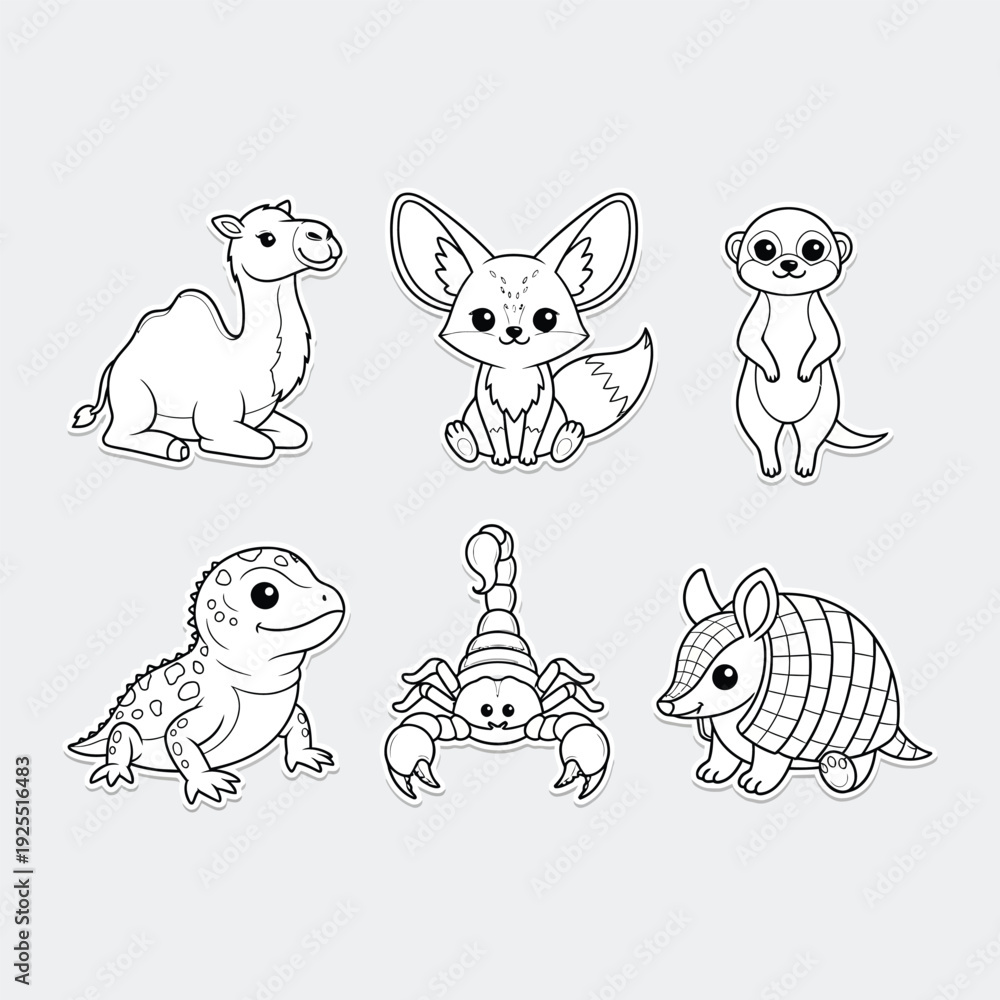 Obraz premium Cute Desert Animals Line Art Collection: Camel, Fennec Fox, Meerkat, Lizard, Scorpion, Armadillo Stickers for Coloring Pages & Kids Designs