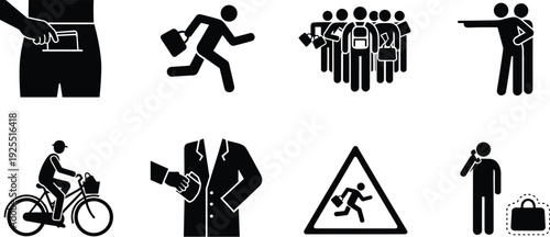 Eight black-and-white pictograms illustrating theft, security, public awareness, reporting, warning signs, and everyday scenarios involving crime prevention.