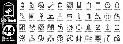 Silo tower line art icon set. Line art editable stocks of agricultural storage vector illustration.