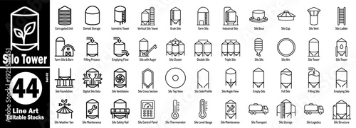 Silo tower line art icon set. Editable stocks of agricultural storage facility vector illustration.