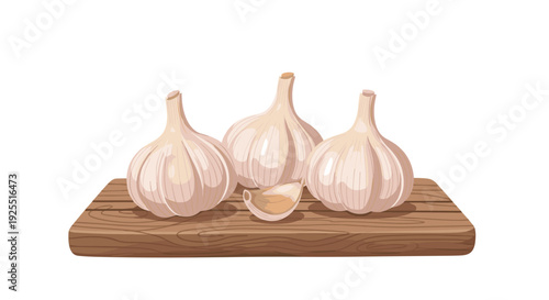 Three whole garlic bulbs and one clove are arranged on a wooden cutting board with a visible grain pattern against a white background.