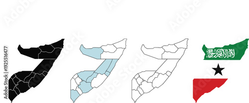 Five Somalia map variations showing silhouettes, outlines, shaded regions, and Somaliland symbolic imagery, highlighting political divisions and regional identity.