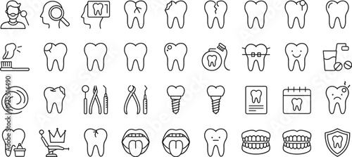 Forty dental care icons featuring teeth, tools, hygiene items, and procedures, illustrating oral health concepts in clean line art.