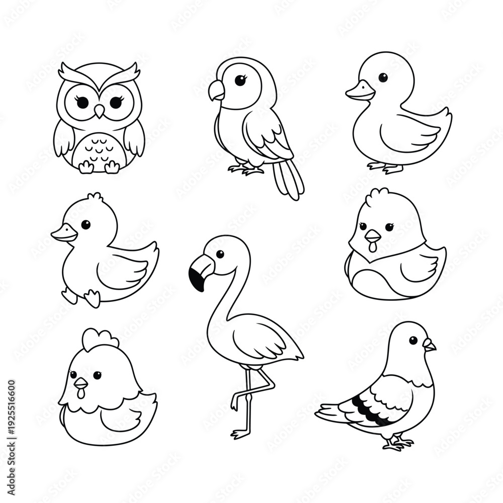 Fototapeta premium Cute Cartoon Bird Line Art Collection: Owl, Parrot, Duckling, Flamingo, Pigeon - Black & White Vector Illustrations for Coloring Pages & Graphic Design
