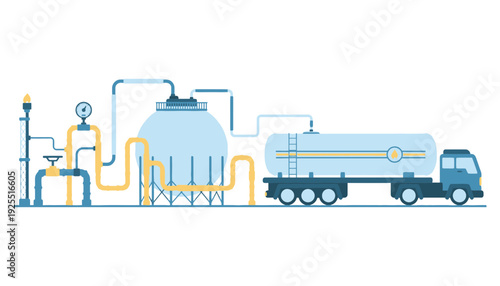 Industrial oil tanker truck illustration with pipeline and storage tank