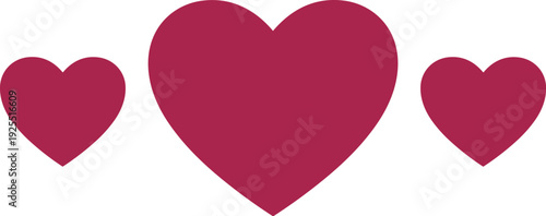 Three red hearts composition with central large heart flanked by two smaller hearts, symmetrical design, love, romance, emotional connection theme.
