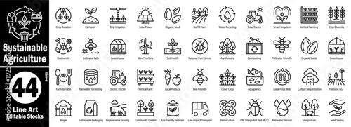 Sustainable agriculture line art icons. Eco-friendly farming and organic food production vector illustration.