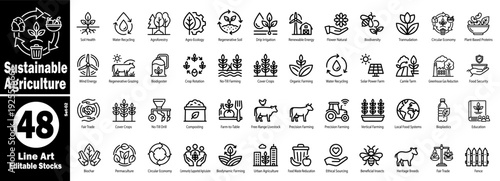 Sustainable agriculture line art icons. Eco farming and organic cultivation systems vector illustration.