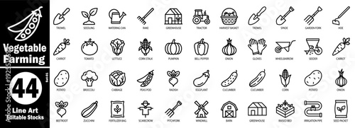 Vegetable farming line art icons. Healthy produce and organic garden cultivation vector illustration.