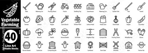 Vegetable farming line art icons set.  Agriculture and gardening vector illustration.