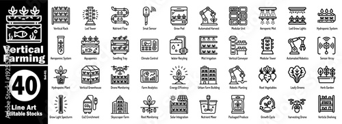 Vertical farming and hydroponic system line icons. Smart tech vector illustration.