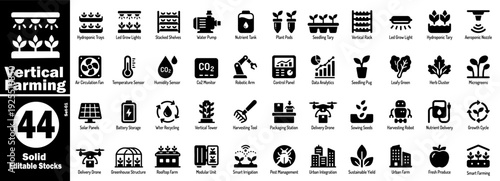 Modern vertical farming solid icon set, agriculture smart farming technology vector illustration.