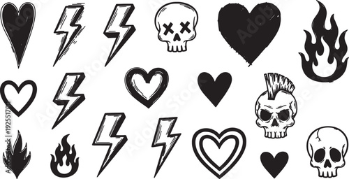 hand drawn punk rock symbols and icons set