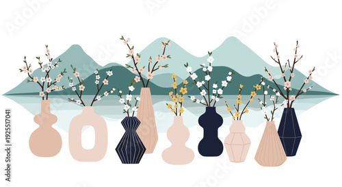 Multiple decorative vases with flowering branches are arranged in a row against a background of stylized teal mountains and a calm lake.