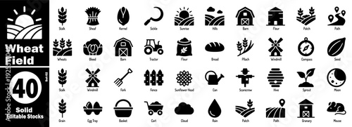 Solid icon collection for wheat field, harvest and farm elements vector illustration.