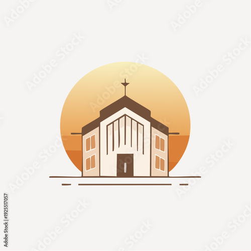 Modern Church Building Icon with Sunset Background for Worship