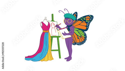 A butterfly character painting a colorful dress on an easel with a mannequin