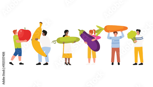 A colorful illustration of people holding various fruits and vegetables