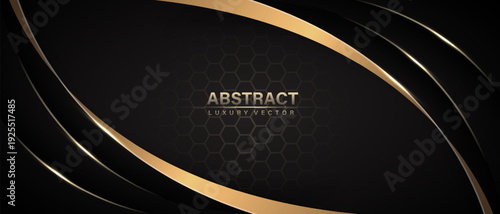 Abstract black luxury background with golden ribbon elements and hexagon mesh decoration design modern vector