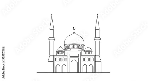 Minimalist Line Art of a Mosque with Dome and Minarets