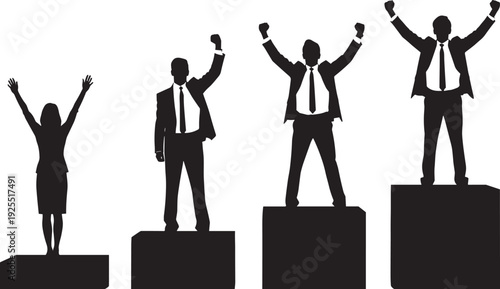 Business success celebration silhouette, professionals standing on podium achievement career growth leadership concept illustration