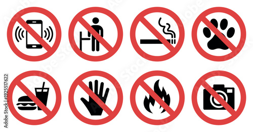 Prohibited Warning Icon Set, No Phone, Smoking, Littering, Pets and Photography Vector Collection