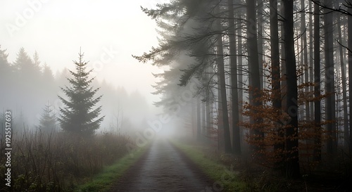 Misty forest path with tall pine trees and autumn foliage